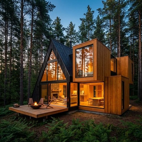 AI Image: Luxurious Wooden Cabin in the Forest