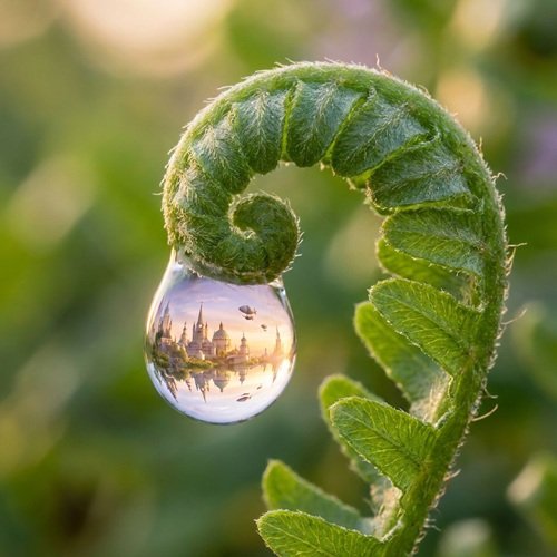 AI Image: Tiny Magical World in a Dewdrop