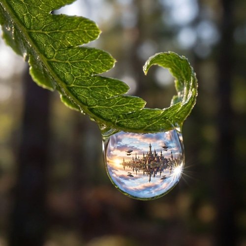 AI Image: Tiny Magical World in a Dewdrop