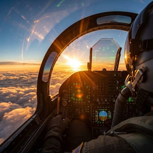 AI Image: POV of Jet Pilot Flying Towards the Sun