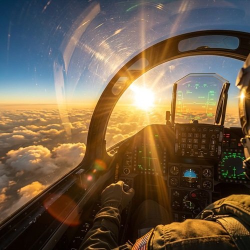 AI Image: POV of Jet Pilot Flying Towards the Sun