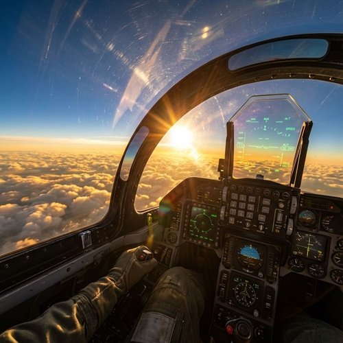 AI Image: POV of Jet Pilot Flying Towards the Sun