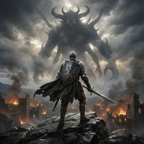 AI Image: Brave Knight Faces a Giant Monster