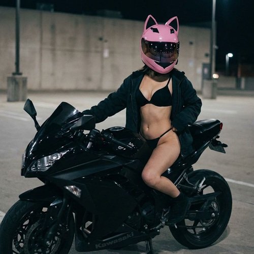 Prompt for AI Image: Sexy Female Biker Chick Rides Motorcycle in Underwear